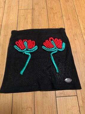 Archival Black mesh tube top with Red & Green Floral Appliqué